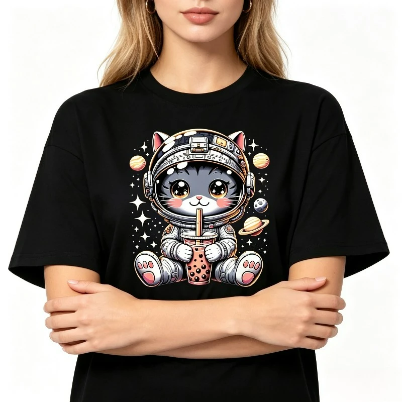 Space Cat Astronaut Bubble Tea Print T-Shirt Women Modal Fabric Loose Crew Neck Tee Cute Galaxy Funny Casual Streetwear Top