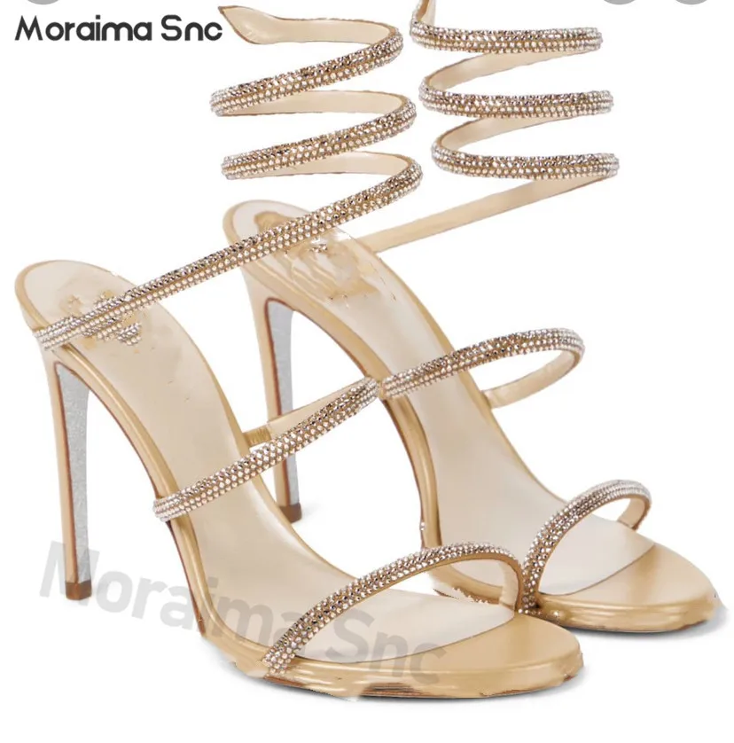 

High Heel Round Head Rhinestone Snake-Like Twine High Heel Sandal Fashion Fashion Plus Size Catwalk Party Thin Heel Sandal Woman