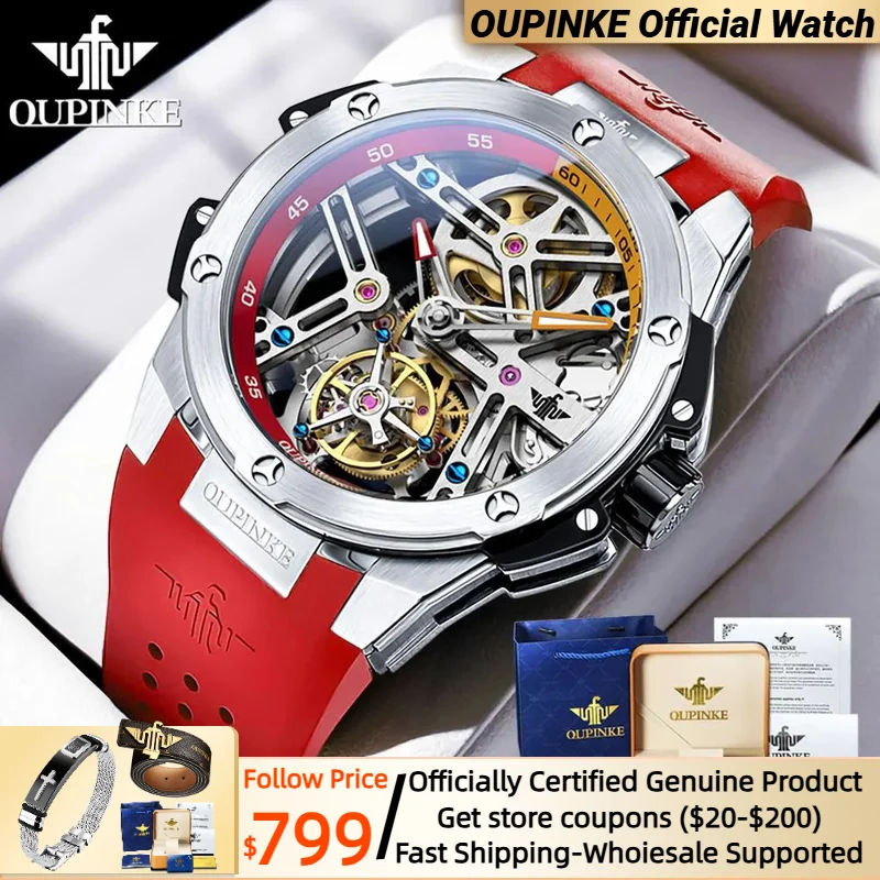 OUPINKE Tourbillon Watch for Men Automatic Mechanical Men's Watches Silicone Strap Sapphire Mirror Waterproof Original Watch Man