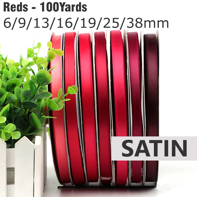 

100 ярдов 6/9/13/16/19/25/38 мм красные, синие атласные ленты с двойным лицом, сплошной цвет, 100% полиэстер, плотная ткань, ленты, украшение для вечеринки