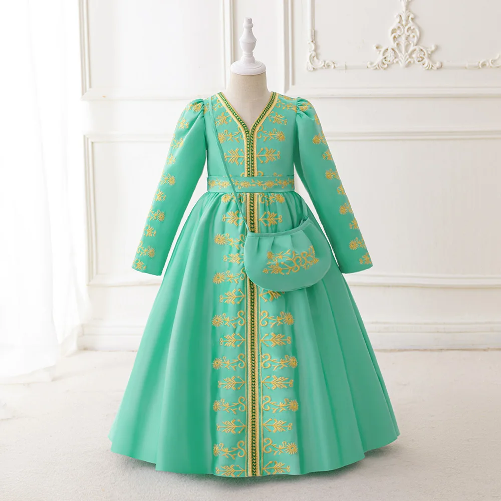 Elegant Girls Embroidery With Bag Middle Eastern Robe Ramadan Muslim Party Banquet Piano Performance Evening Dress