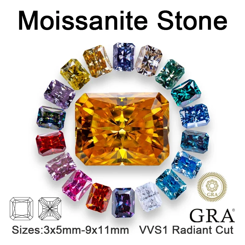 Moissanite Loose Stone VVS1 Radiant Cut Multiple Colors Pass Diamodn Tester Charms Beads for Jewelry Making with GRA Certificate