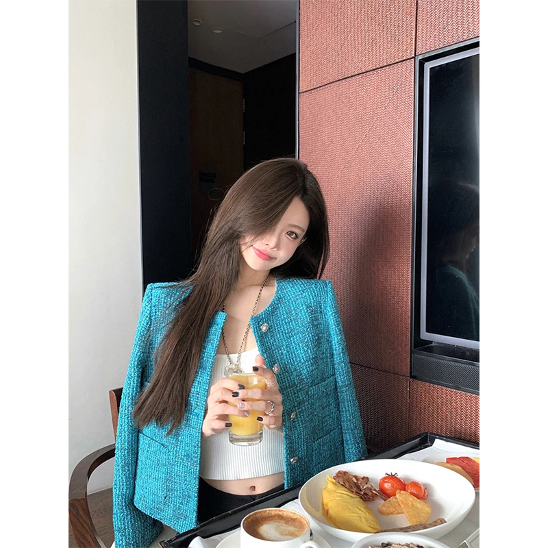 

Elegant Tweed Jacket Women Fashion Cropped Long Sleeve Coat Autumn Winter Ladies Korean Single Breasted Design Short Outerwears