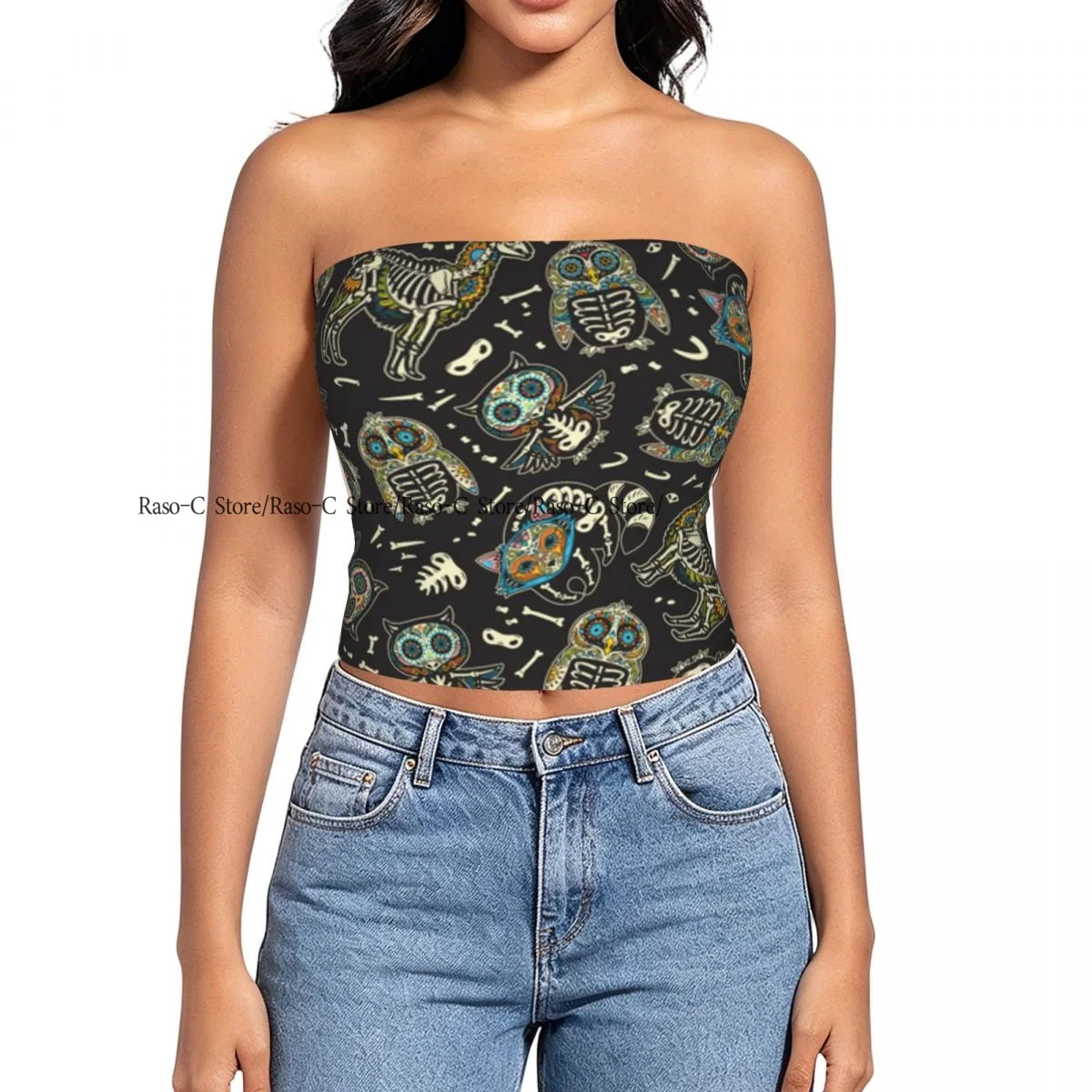 Strapless Sexy Tube Tops Summer Outfits Women Backless Shoulder Wrap Owl Penguin Llama Raccoon Sugar Skull Female Crop Top