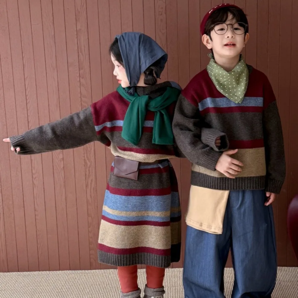 Brother and Sister Clothes Children's Sweater2025 Autumn Winter Korean Color Striped Hooded Girl's Dress or Boy's Sweater