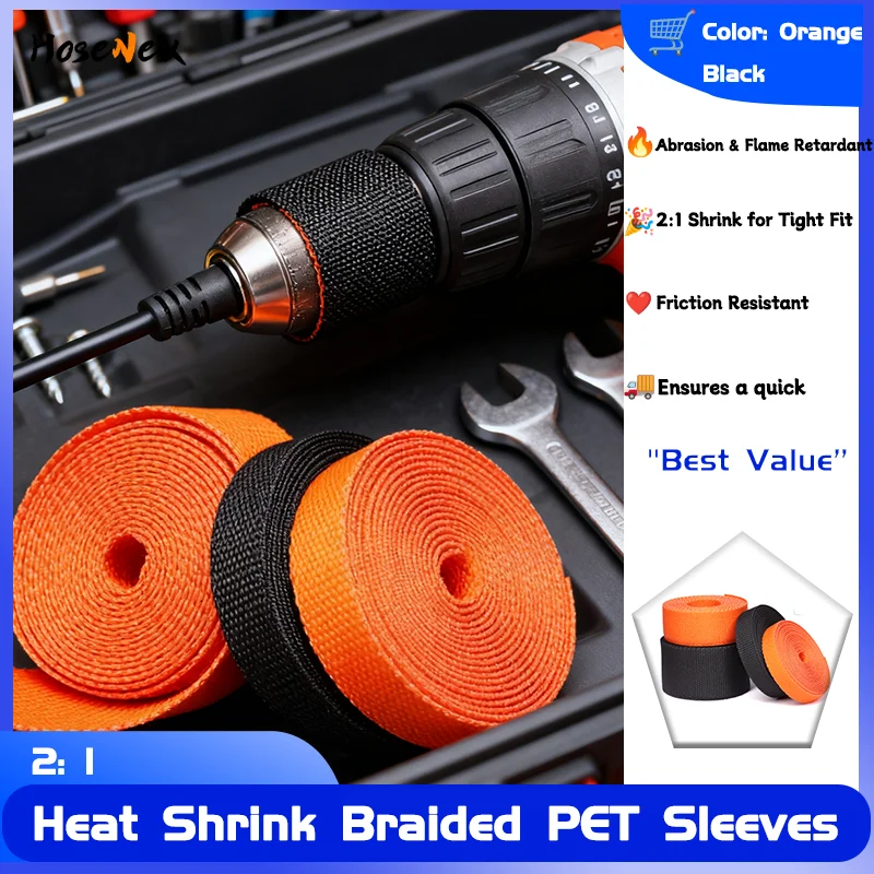 

2:1 Heat Shrink Braided PET Sleeves 4-30mm Insulation Protection for Auto Wires Durable Line Organizer Sheath Black Orange