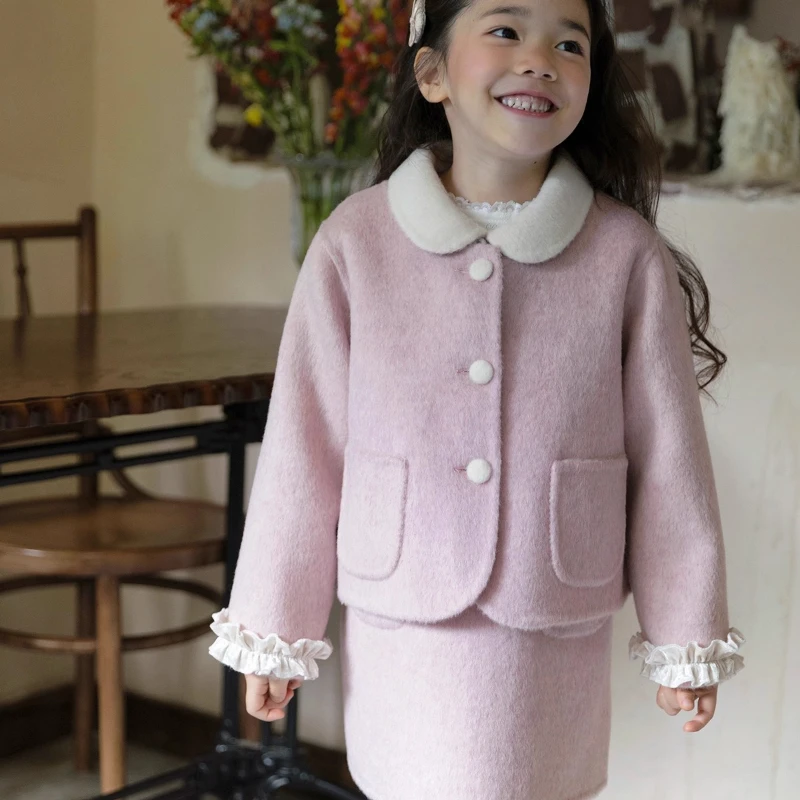 Ins Handmade Velvet Lace Powder Set Wool Coat Original Design Winter Fashion Small Fragrance Peach Powder New Year's Clothing