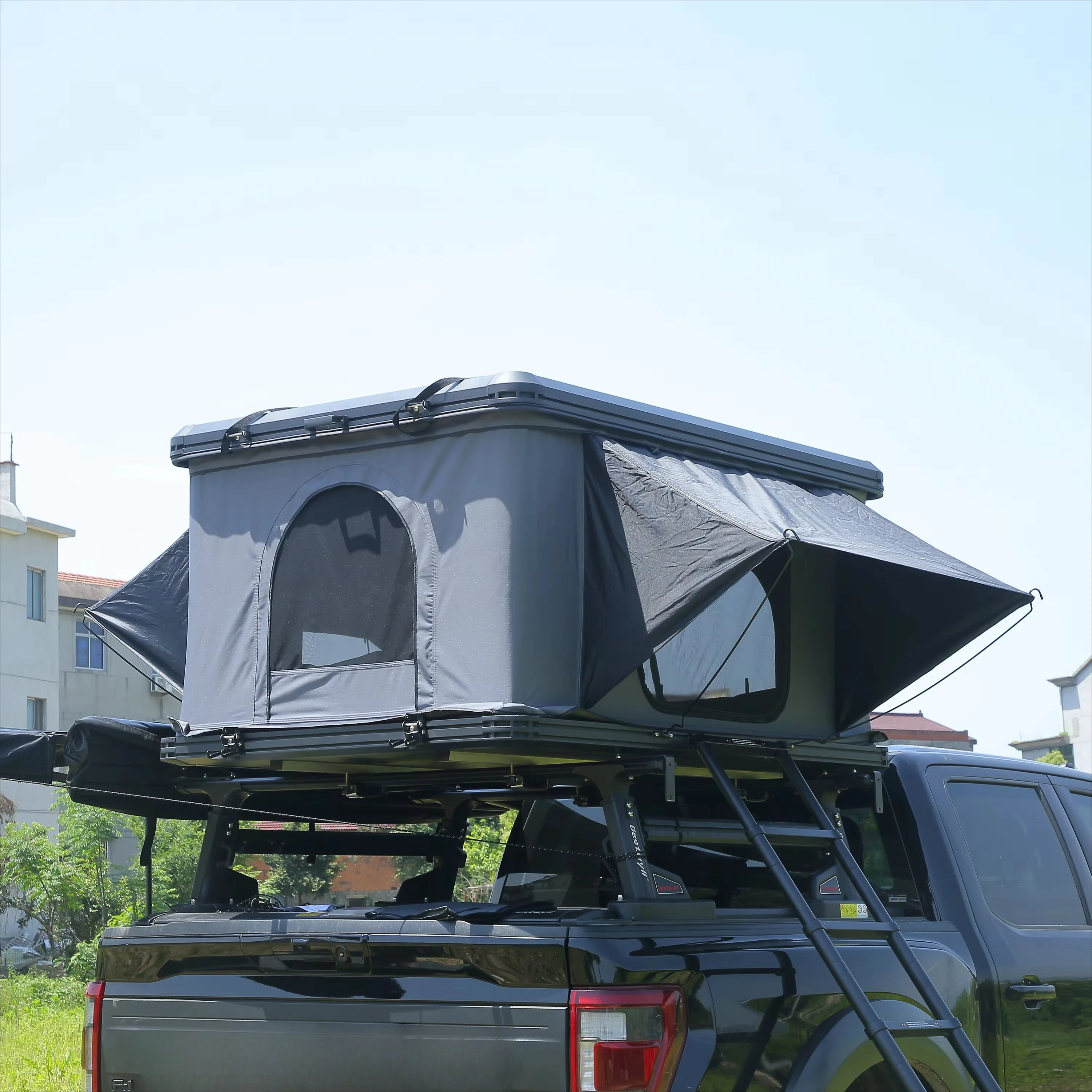 Off-road travel aluminum roof tent, flat top hard shell roof tent, with multi-functional top platform, roof tent