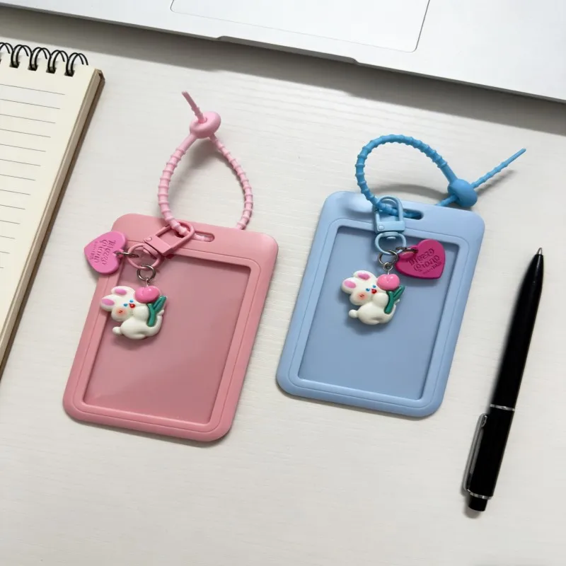 Durable Pass Card Holder - With sliding cover、The durable keychain card holder includes a lanyard and cute bunny and heart penda