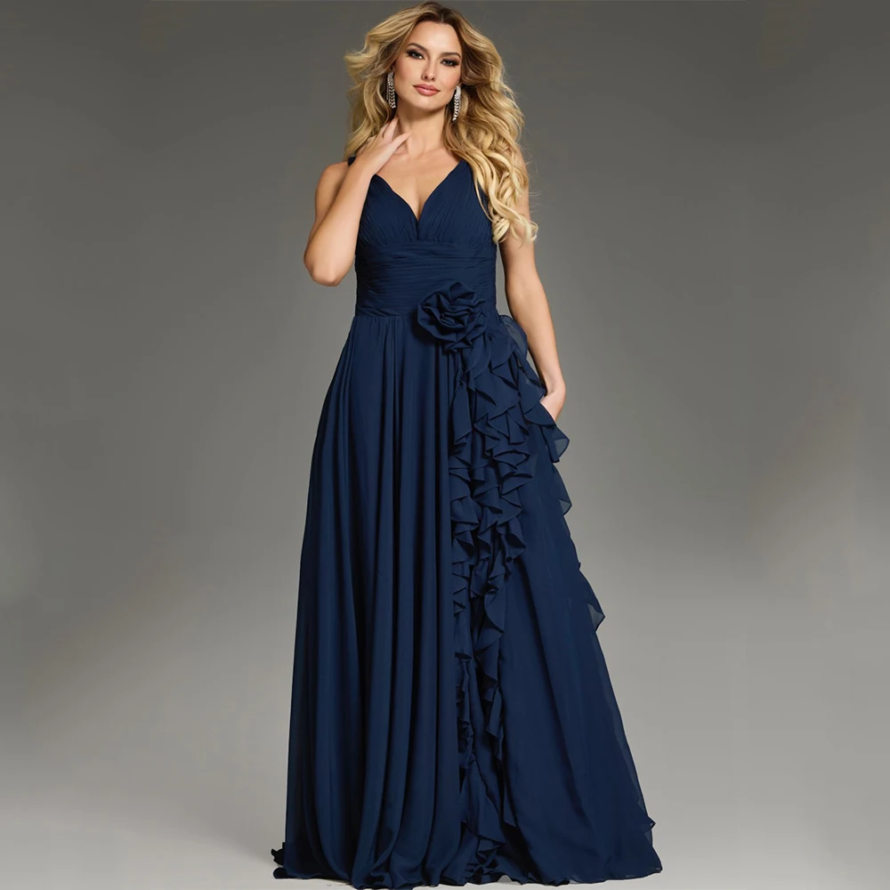 

DRESS FORU Classic Evening Dresses Chiffon for Floor-Length V-Neck Sleeveless Prom Dress Flower Vestidos De Fiesta Customized