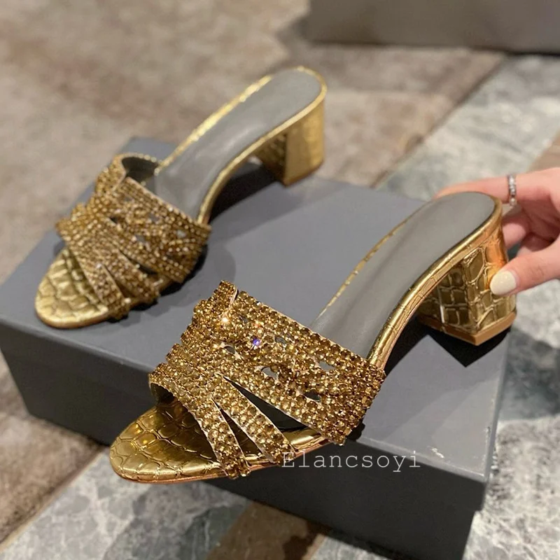 Bling Rhinestone High Heels Slippers Women's Square Toe Hallow Mouth Chunky Heels Lazy Sandals Summer Outdoor Vacation Shoes