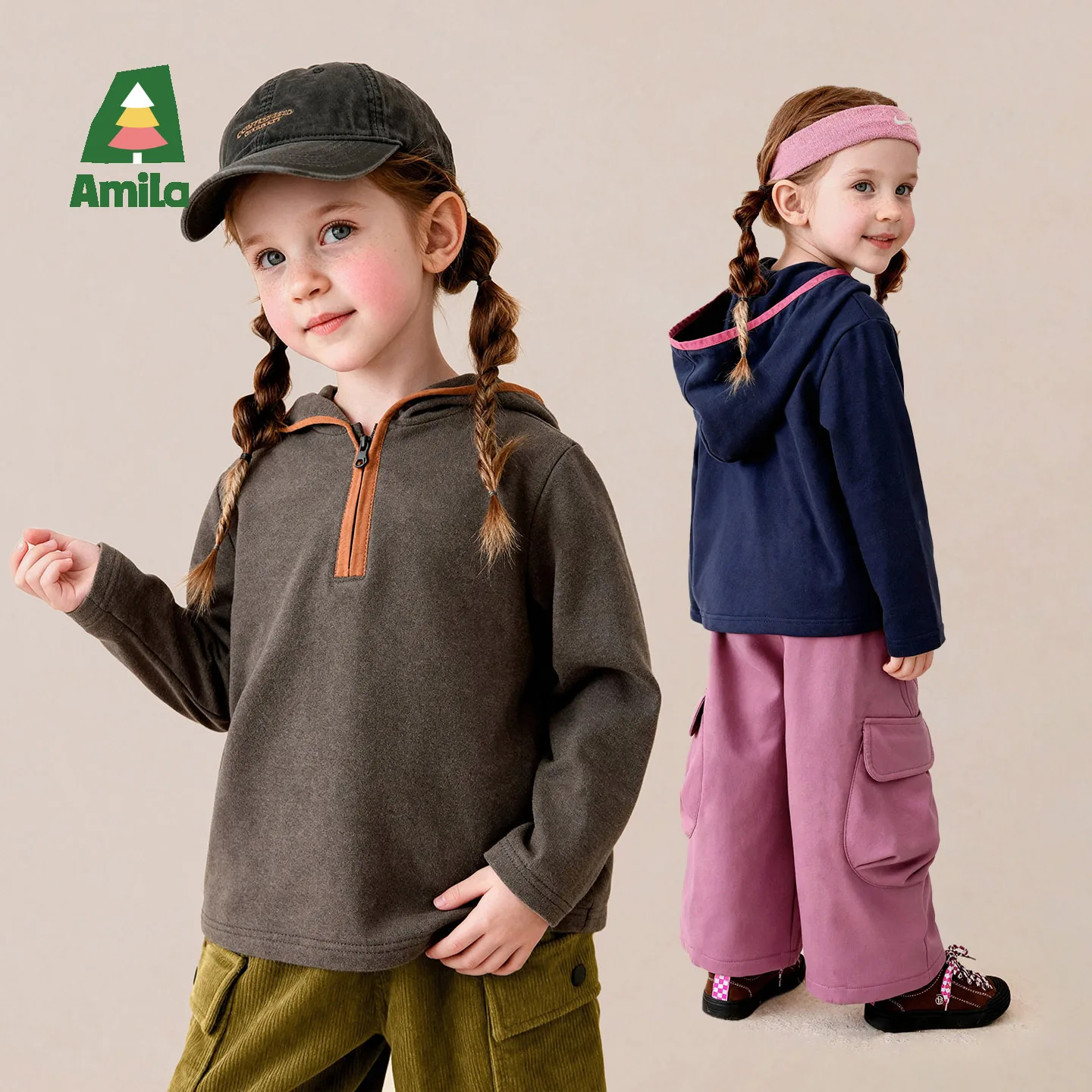 Amila 2026 Winter New Kids T Shirt Half Zip Hooded Color Block Placket Binding Extra Soft Casual Comfortable Daily Versatile Top