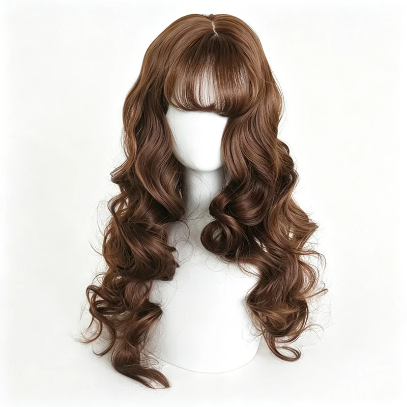Peruca Longa Ondulada Marrom com Franja Sintética para Mulheres, Estilo Lolita Cosplay, Fofa, Natural, Resistente ao Calor, para Uso Diário e Festas