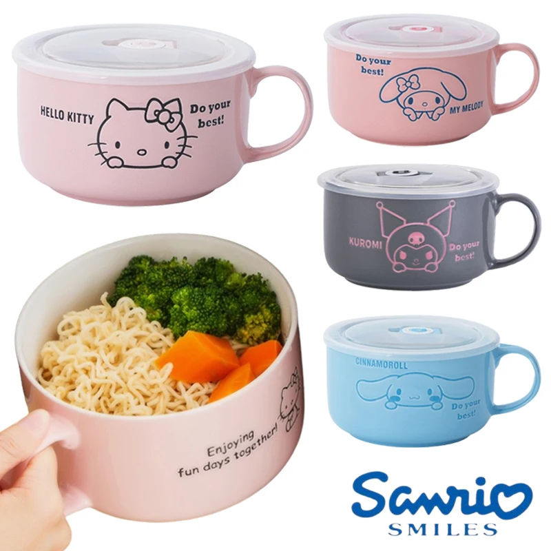 

Sanrio Hello Kitty Bowl Cartoon Ceramic Soup Bowls with Handle Noodles Salad Pasta Bowl Kitchen Tableware Microwave Oven Bakware