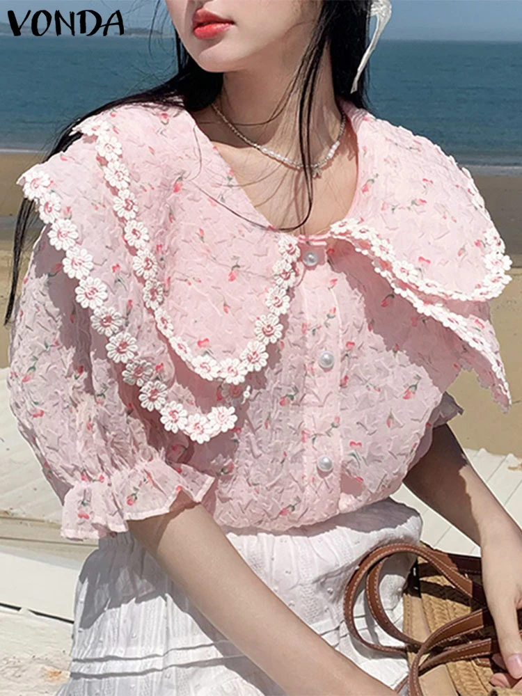 VONDA kwiatowy Print koszula damska letnie topy z krótkim rękawem moda koronkowy Patchwork Blusas Streetwear topy Tee tunika Oversize