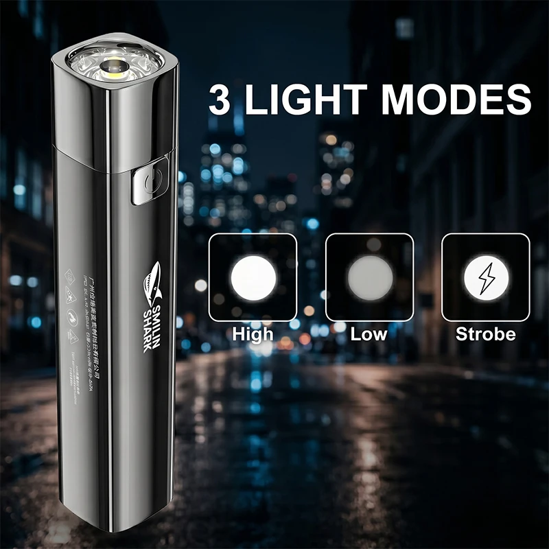 Smiling Shark Portable Handheld Flat Flashlight, 3 Modes Rechargeable Compact Pocket Flash Light with Power Bank Function