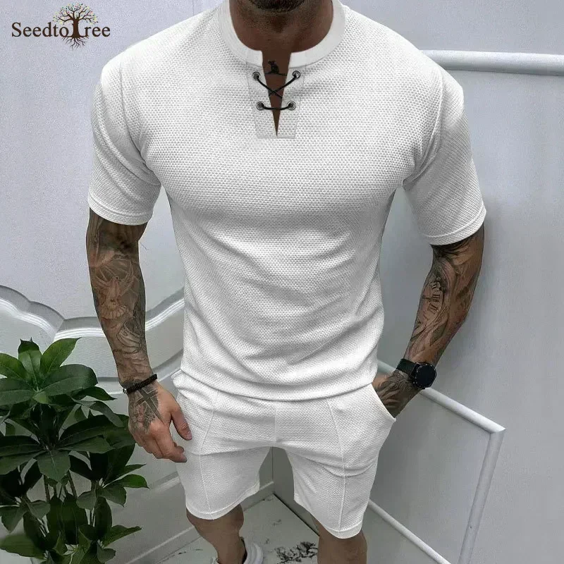 

Summer Solid Color Men's Sets Round Neck Short Sleeved T-shirt Casual Shorts Two-piece Set