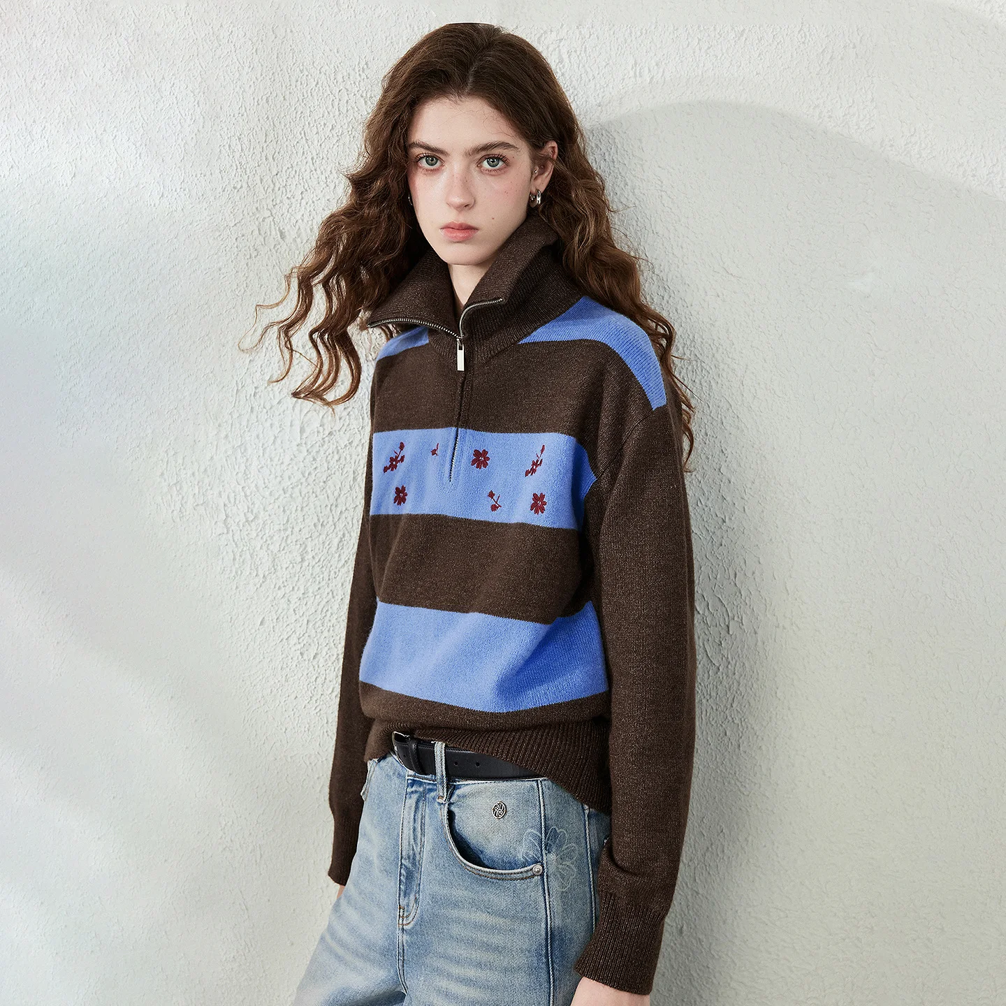 TOYOUTH Womens Knit Sweater 2026 Autumn New Soft Preppy Light Sport Zip Polo Collar Stripe Top