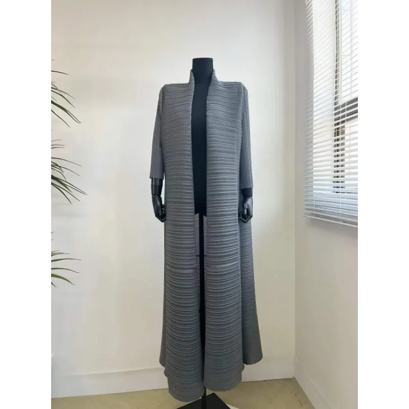 YUDX Miyake Pleated Long Coat 2023 Autumn New Long Cardigan Windbreaker Coat Solid Loose Large Lapel with Belt Women Coat Robe