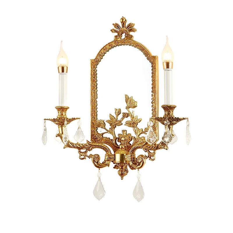 

DINGFAN European Classic Rococo Wall Bracket Mirrors With Candle Light Bathroom Brass Wall Lamp Double Arms Indoor 2 Lights