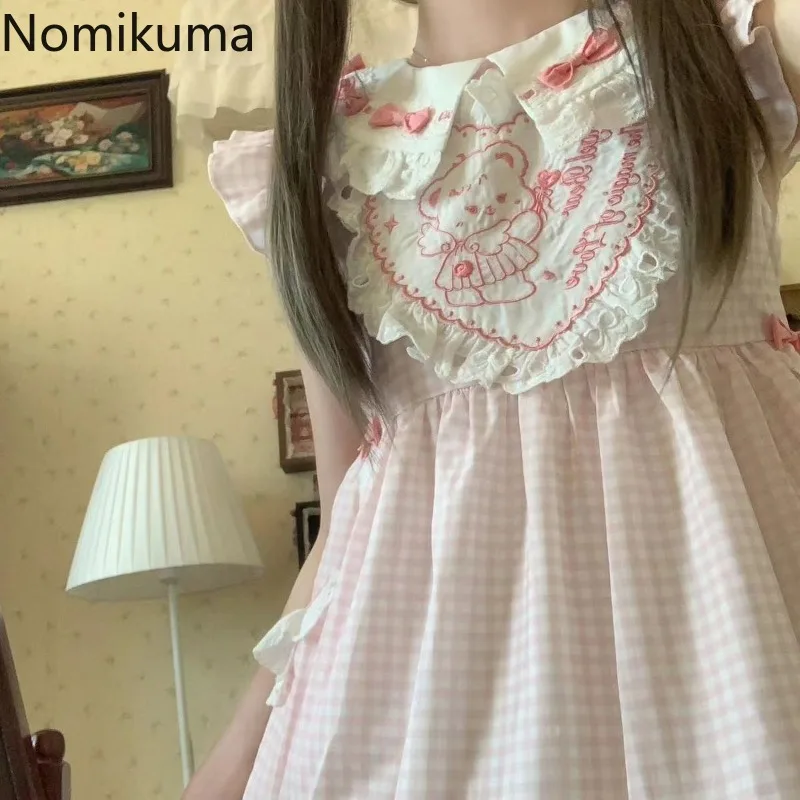 

Sweet Dresses Women Chic Summer Japanese Robe Femme 2025 Vestidos De Mujer Peter Pan Collar Cartoon Embroidery Plaid Cute Dress
