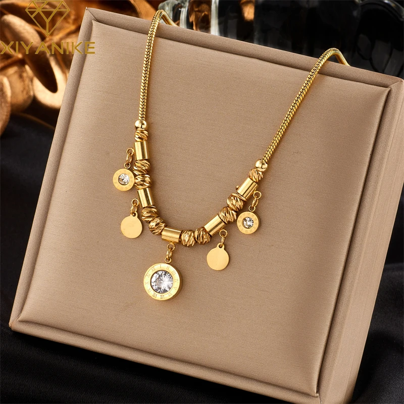 XIYANIKE 316L Stainless Steel Necklace for Women White Zircon Round Pendant Gold Color Charming Exquisite Trendy Design Jewelry