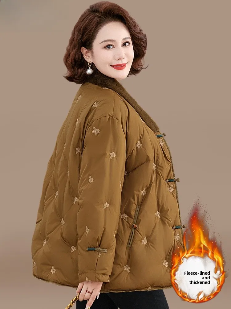 

Новая китайская утепленная хлопковая куртка для женщин: модное осенне-зимнее пальто, теплое пушистое верхнее пальто для женщин среднего возраста