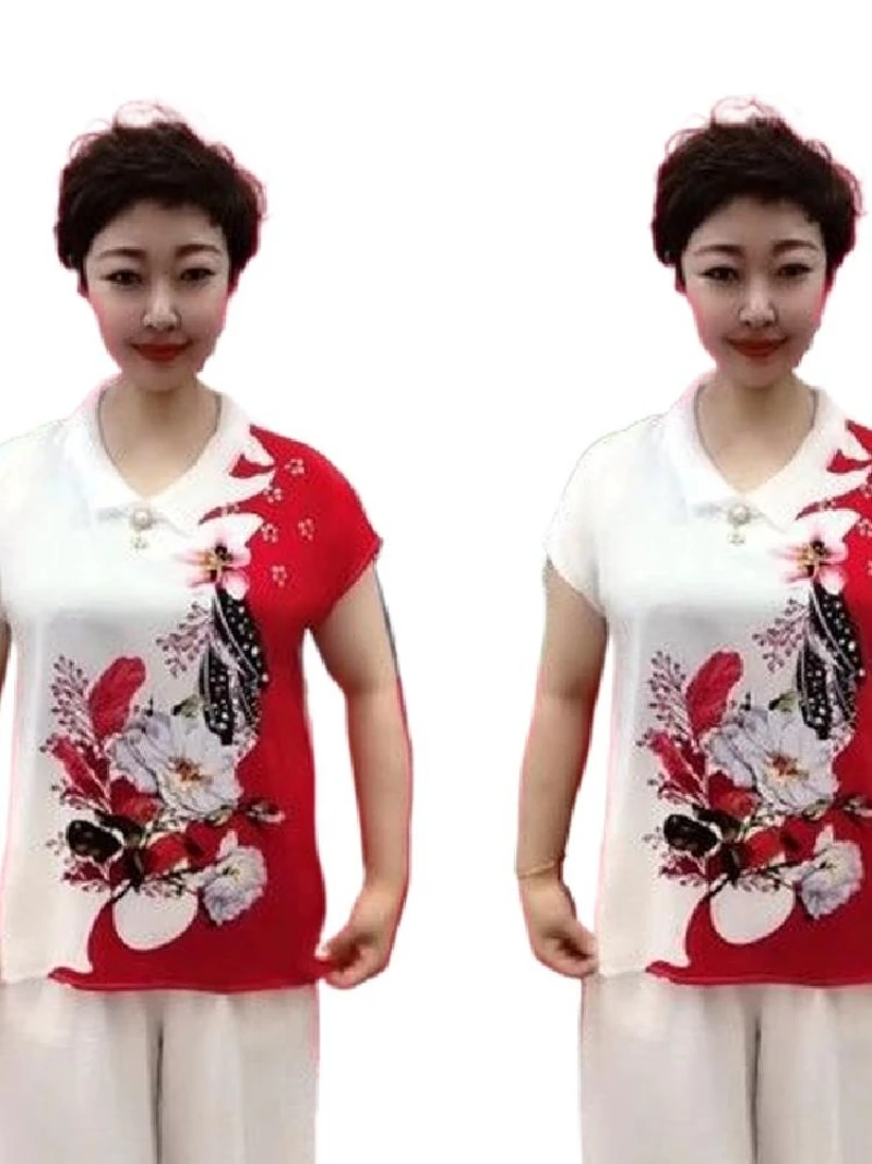 Summer Loose Silk Print ort Sve Lightweight Comfortable Small irt Water Ink Ice Silk Loose Fit Ladies Summer Top