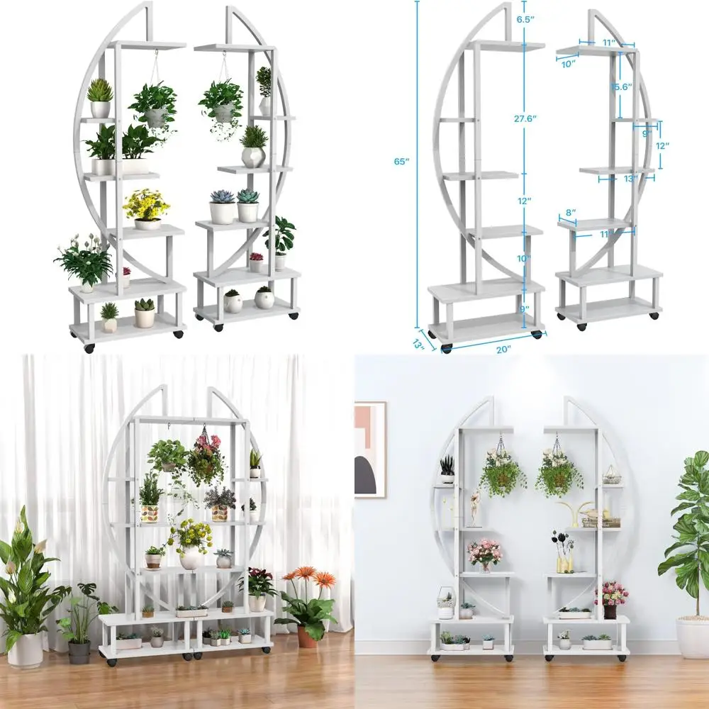 

6-Tier Tall Metal Indoor Outdoor Plant Stand with Detachable Wheels and Hanging Loops