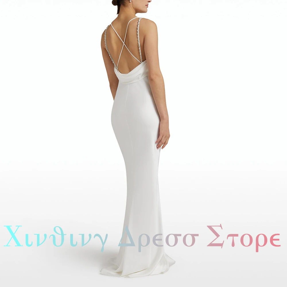 Straight Solid Color Floor Length Classic V-Neck Wedding Dress Spaghetti Straps Sweep Train Jersey Crystal 2024 Vestido De Novia