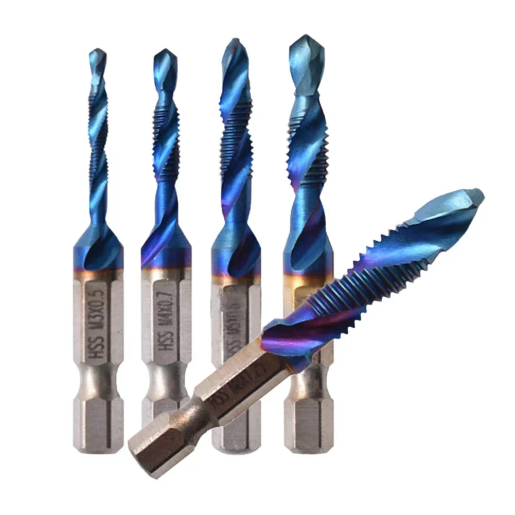 

5pcs M3-M8 1/4 Hex Shank HSS Screw Thread Metric Tap Drill Bits Machine Compound Blue Machine Spiral Tap Hand Tools Taps Dies