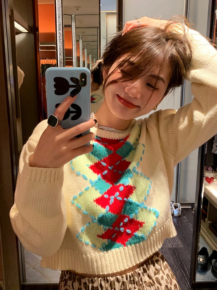 

Floral Print Loose Short Sleeve Women's Sweater Knitted Outerwear Comfortable round Neck Long Sleeve Thermal Cotton Blend