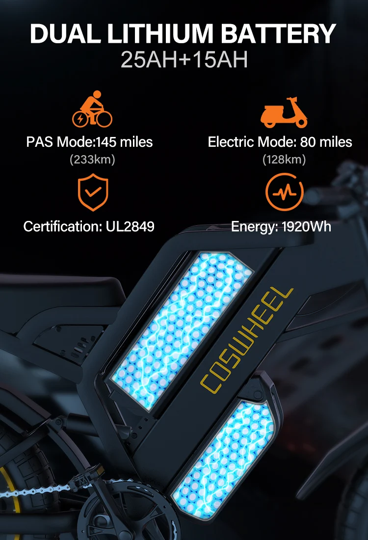 COSWHELL E Bike GT20 Pro 3000W Peak Electric Dual Motorrad 48V40AH Mountainbike Elektrofahrrad Erwachsene Off-Road 20'' Fat Tire Fahrrad