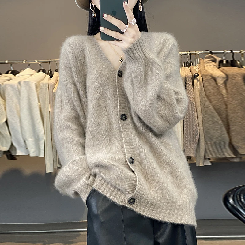 New 100% Merino Wool V-neck Button Jacquard Cardigan Fashionable Soft Classic Loose Women Autumn Winter Cashmere Knitwear Coat - Image 3