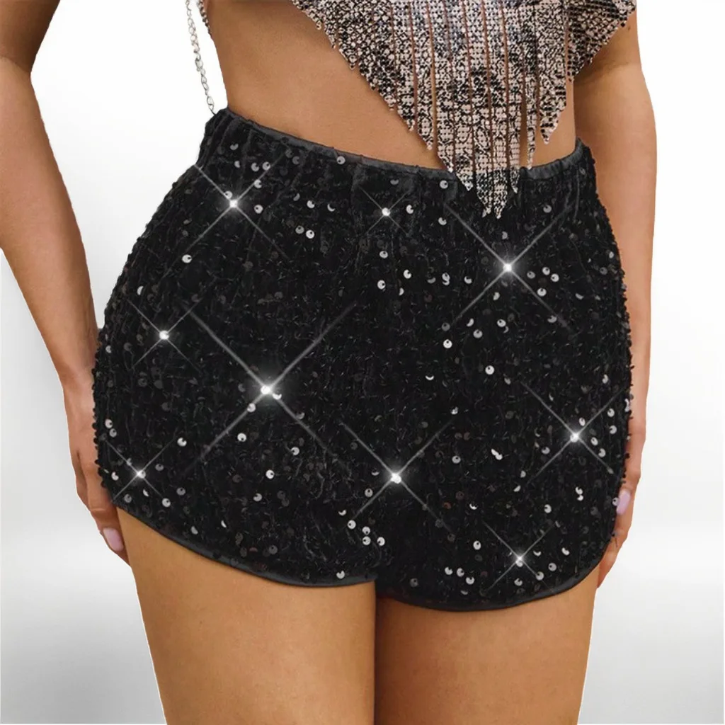 Black Sequin High Waist Elastic Waist Party Shorts Three-quarter Length Pants Women's Elegant Style Fashionable Shorts