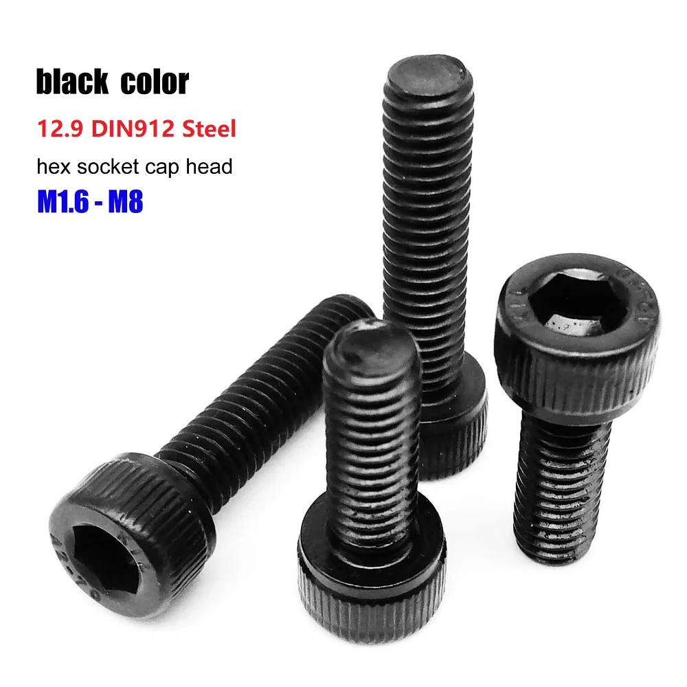 100PCS/Pack Black Grade 12.9 Steel DIN912 M2 M3 M4 Alloy Steel Hexagon Hex Socket Head Cap Allen Bolt Screw Long 3-10mm
