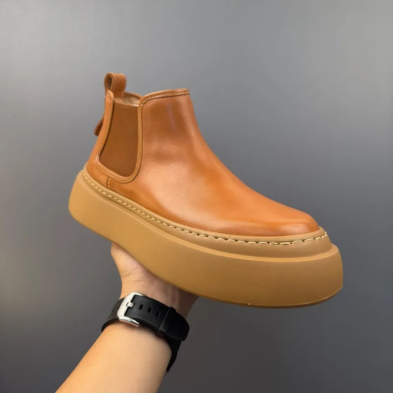 

Handmade High-Top Shoes Men's Genuine Leather Retro Horseskin Thick Soles Casual Cowhide Desert Outdoor Hiking Ankle Boots