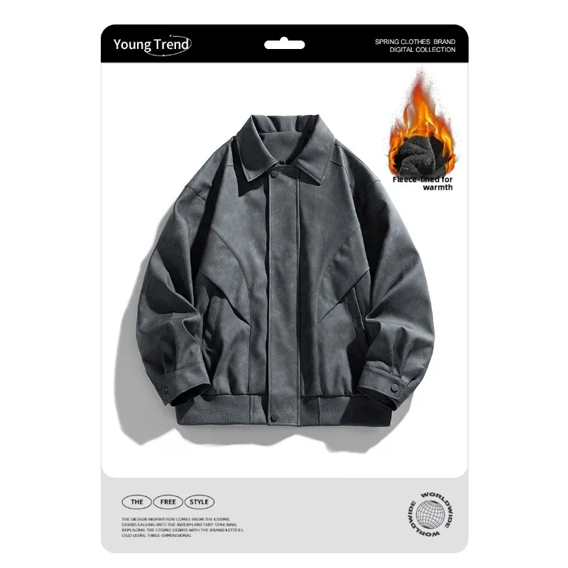 

Versatile Fashionable Workwear Jackets for Autumn Winter American-style Lapel Top for Mens Thick and Warm Fleece Leather Jackets