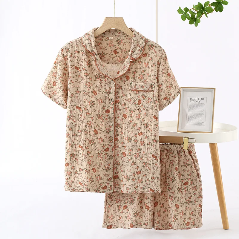 

2024 Japanese Summer New Women's Pajama Set 100% Cotton Crepe Short Sleeve Shorts Two Piece Set of Simple Large Homewear Set