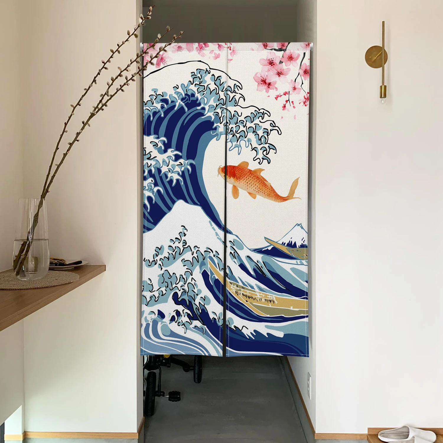 Japanese Wave Noren Door Curtains Koi Fish Cherry Blossom Pattern Linen Doorway Curtains Home Decor Room Divider Half Curtains