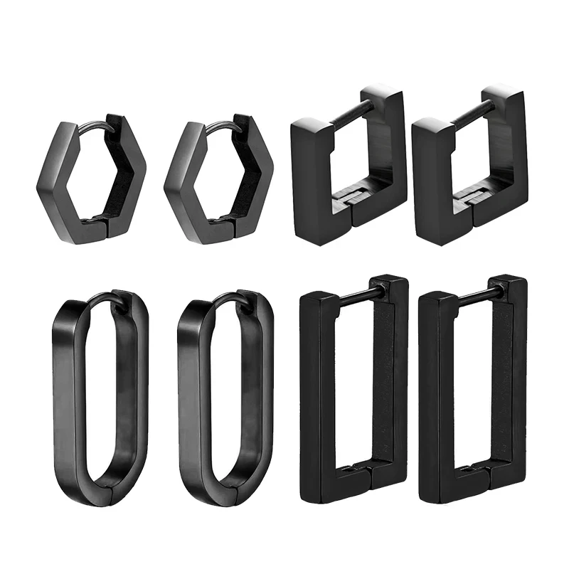 

4 Pairs Punk Black Multiple Styles Stainless Stud Earrings for Men and Women Gothic Street Hip Hop Street Ear Jewelry Gifts