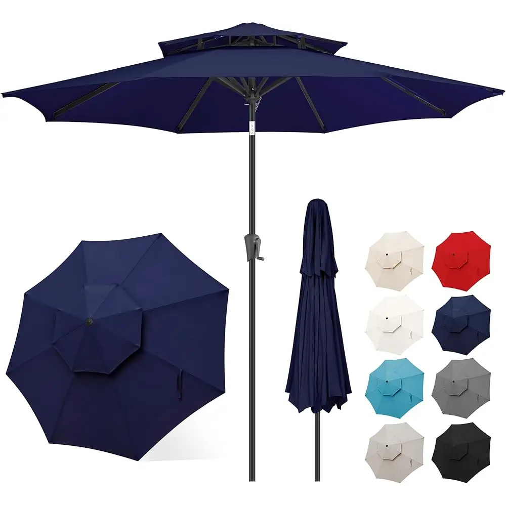 

9Ft Patio Umbrella - 2 Tiers Outdoor Umbrella With Push Button Tilt And Crank For Uv Protection, Table Market Umbrella For