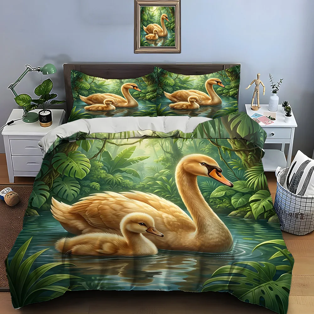 Swan Mother and Baby in Water Bedding Set for Kids Luxury Gift 3pcs Digital Print Comforter Set Soft Comfortable Breathable