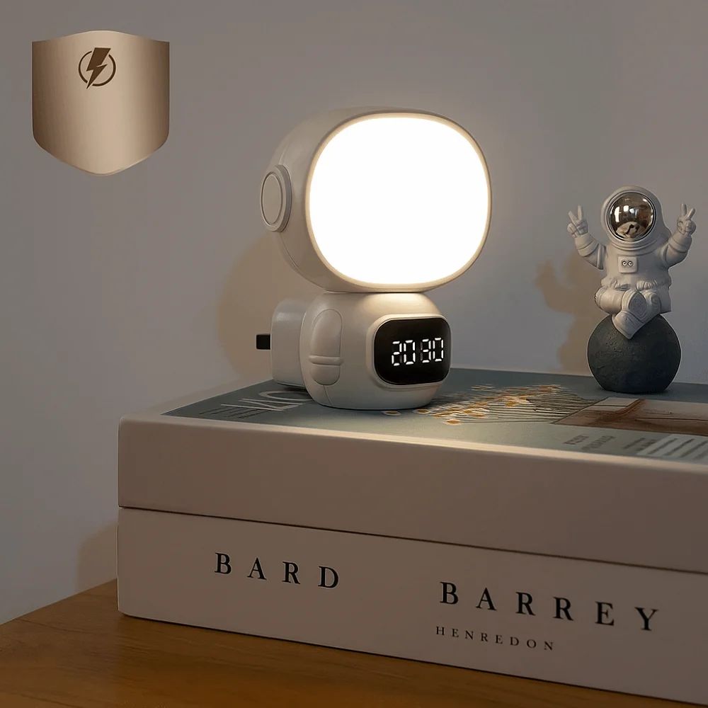 Orologio da astronauta a luce calda Luce notturna Orologio digitale Lampada da comodino dal design adatto ai bambini Luce ricaricabile USB per la cura degli occhi