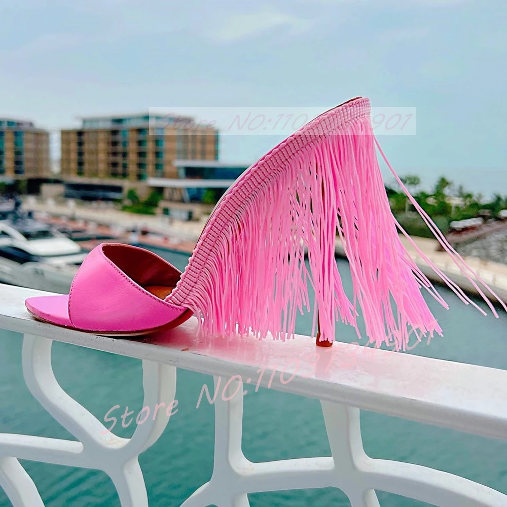 

Tassels Pink Leather Pointed Toe Slippers Women Casual Open Toe Pull-on High Heels Shoes Big Size Ladies Outside Modern Slippers