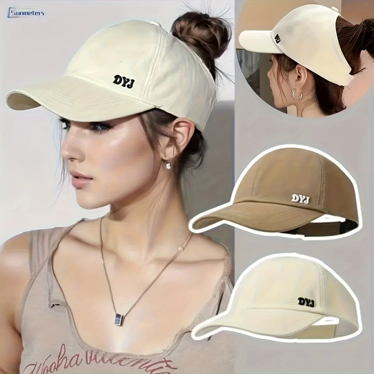 Gorra de béisbol informal para mujer con diseño de cola de caballo, parte superior abierta y letras bordadas en la parte delantera, con abertura en la parte trasera.