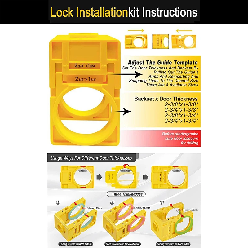 Kit di installazione serratura porta Modello guida in plastica regolabile con sega a tazza per serratura porta in acciaio al carbonio per porta spessa 35-43 mm