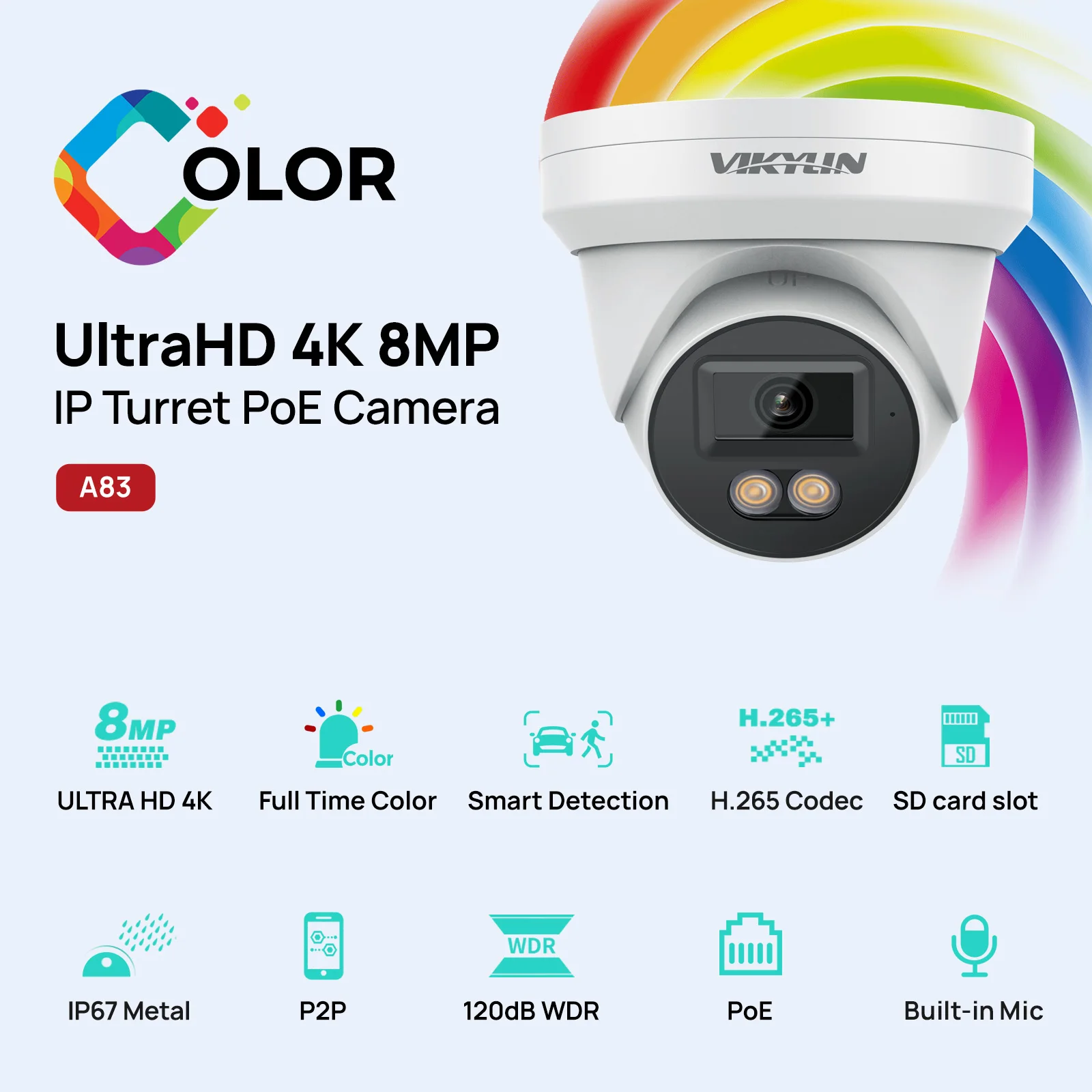 VIKYLIN 8MP IP Security Camera Poe 4K Full Color Night Vision Human Vehicle Detection Surveillance Support SD Storage ONVIF IP67