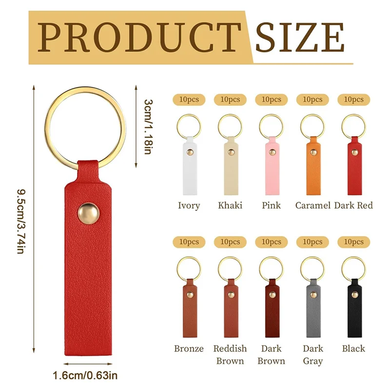 Kit de porte-clés en cuir PU ABKS-100Pcs, vierges de porte-clés en cuir avec rivets dorés et anneaux métalliques, Kit de fabrication de porte-clés multicolore
