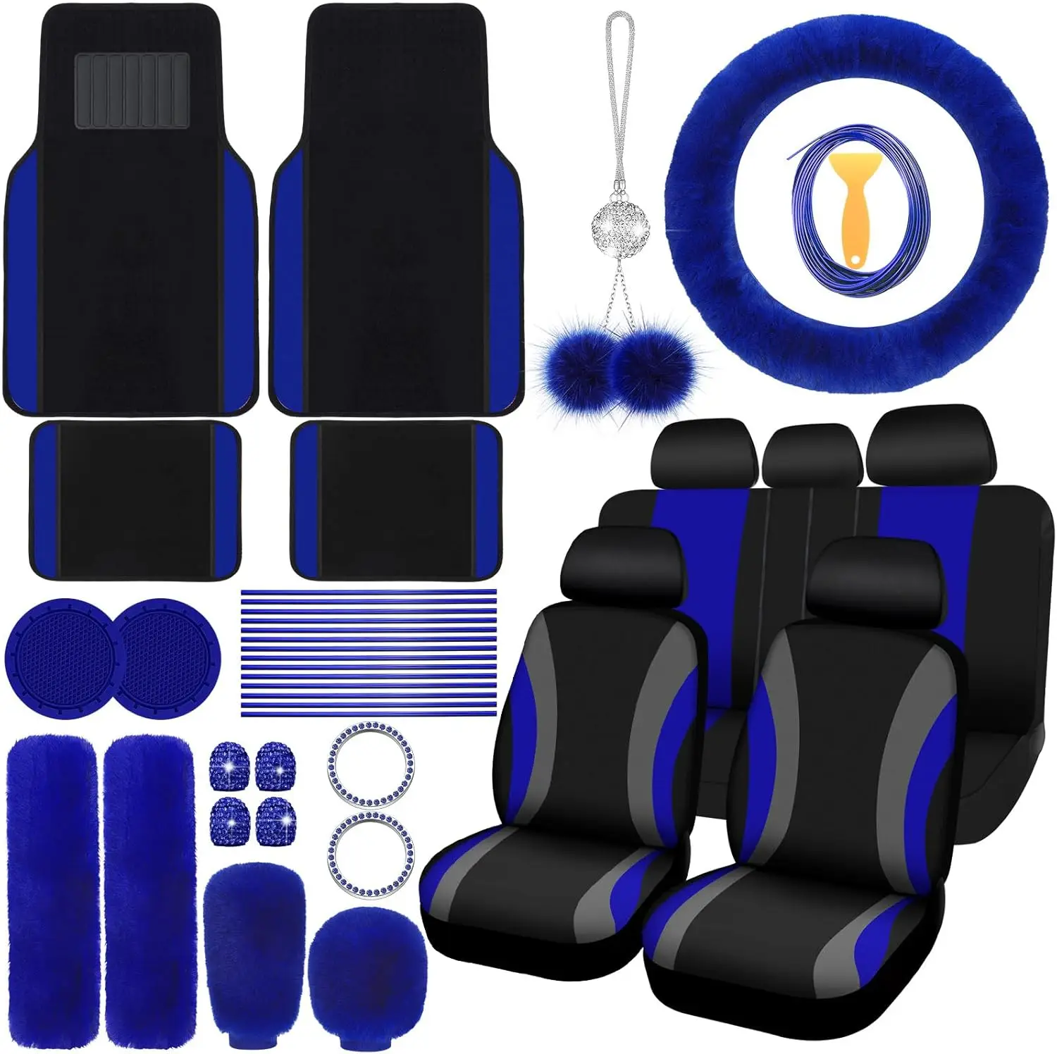 

47-Piece Car Seat Cover Set with Fluffy Steering Wheel Cover, Floor Mats, and Accessories in Blue